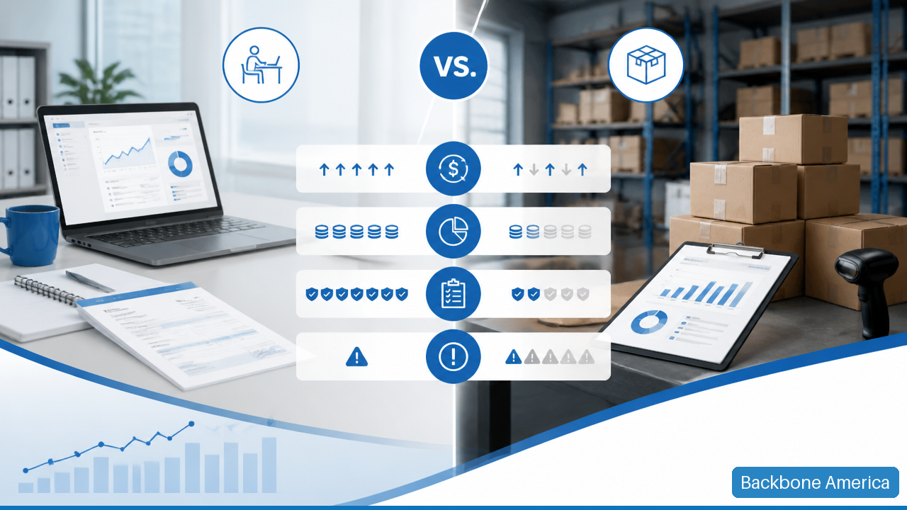 Side-by-side visual comparison of service and product business economics, cash flow, and startup risk.