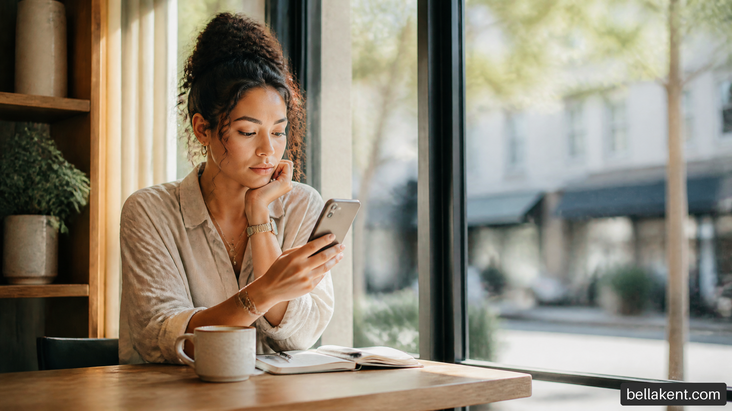 Thoughtful woman reviewing a message on her phone while sitting in a coffee shop.