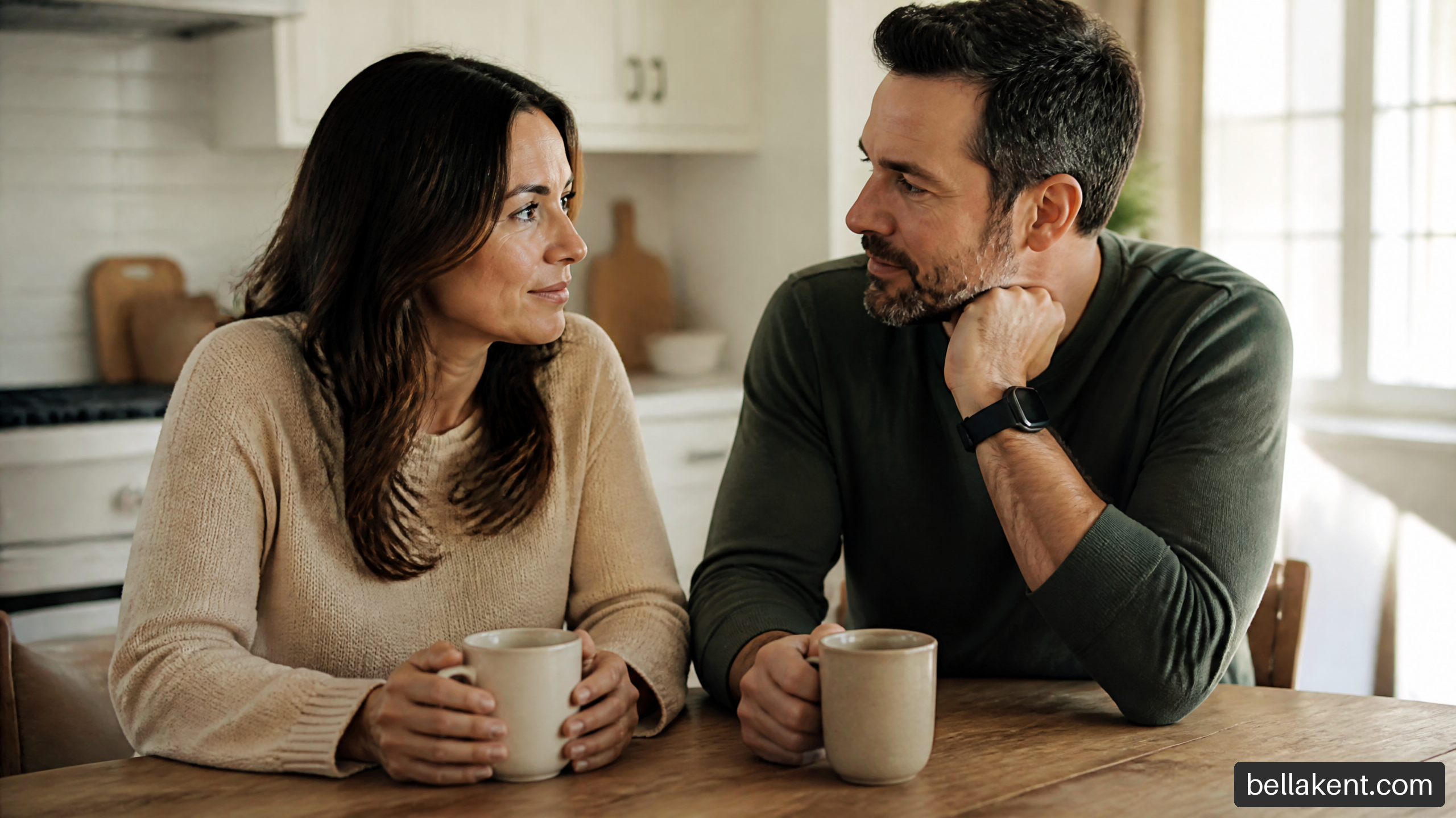 Long-term couple calmly talking at a kitchen table after a disagreement.