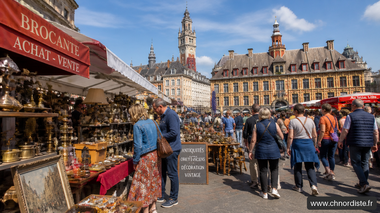 Ambiance générale de la Braderie de Lille avec ses étals de brocante et ses façades historiques