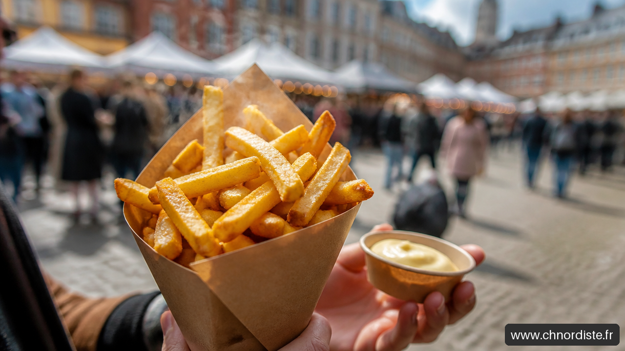 Cornet de frites artisanales dorées servi lors d’un événement gourmand à Arras.