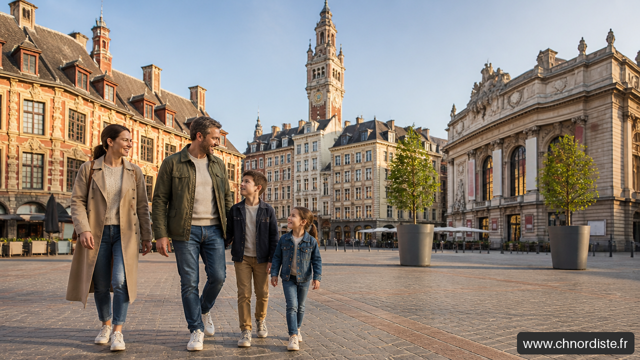 Une Sélection Pratique Et Vérifiable D’activités Gratuites À Lille 1 Famille se promenant gratuitement près de la Vieille Bourse à Lille