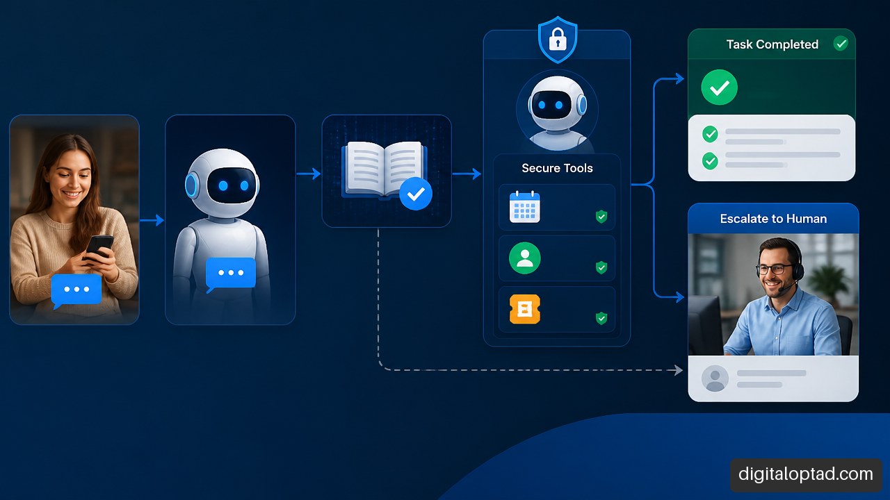 Diagram showing a WhatsApp AI agent completing approved workflow steps and escalating complex requests to a human.