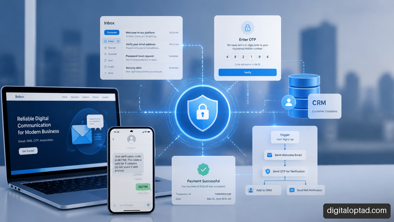 Illustration of email, SMS, OTP verification, and connected business systems.
