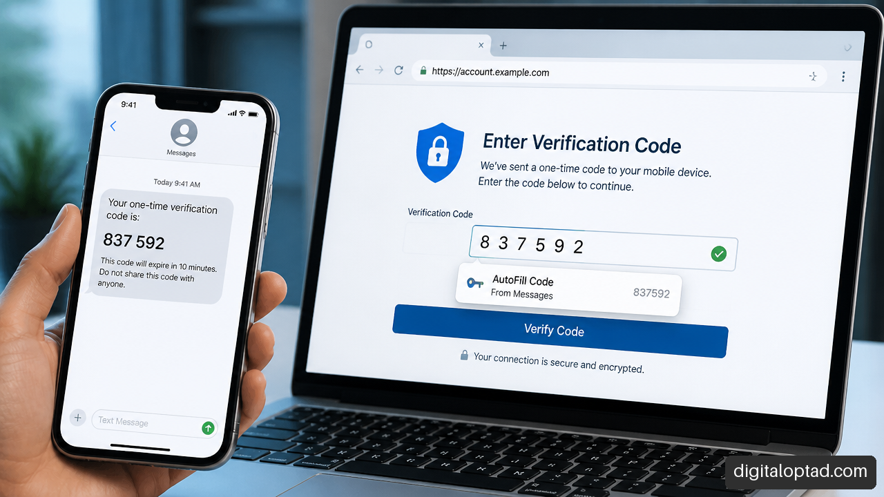 Mobile OTP code and secure browser verification form with autofill support.