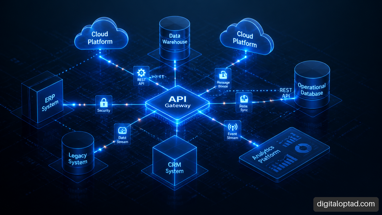 Enterprise systems integration architectural diagram showing connected software applications and databases