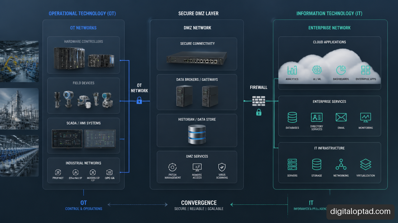 System architecture diagram illustrating IT and OT convergence boundaries in enterprise integration