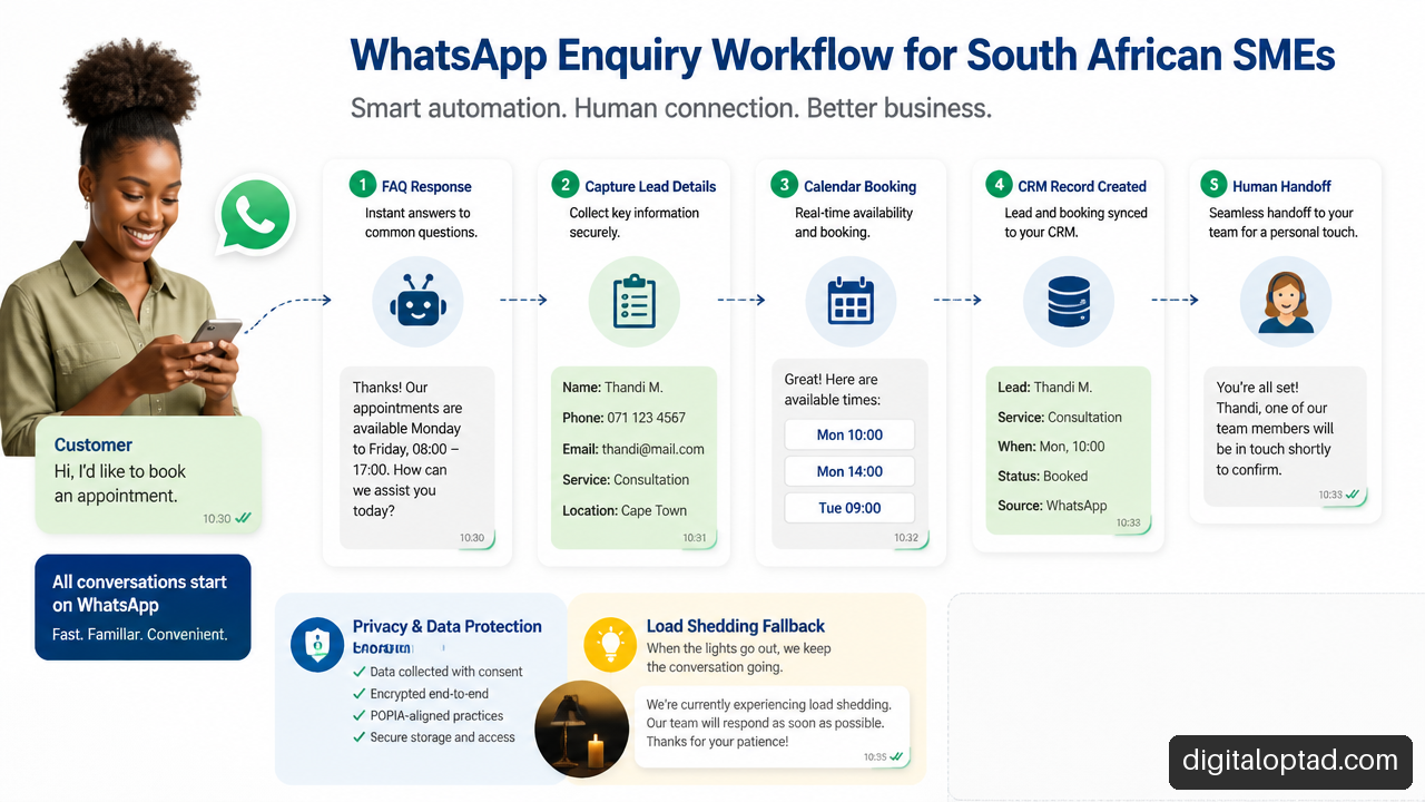 WhatsApp AI workflow showing FAQs, lead capture, booking, CRM updates, and human handoff.