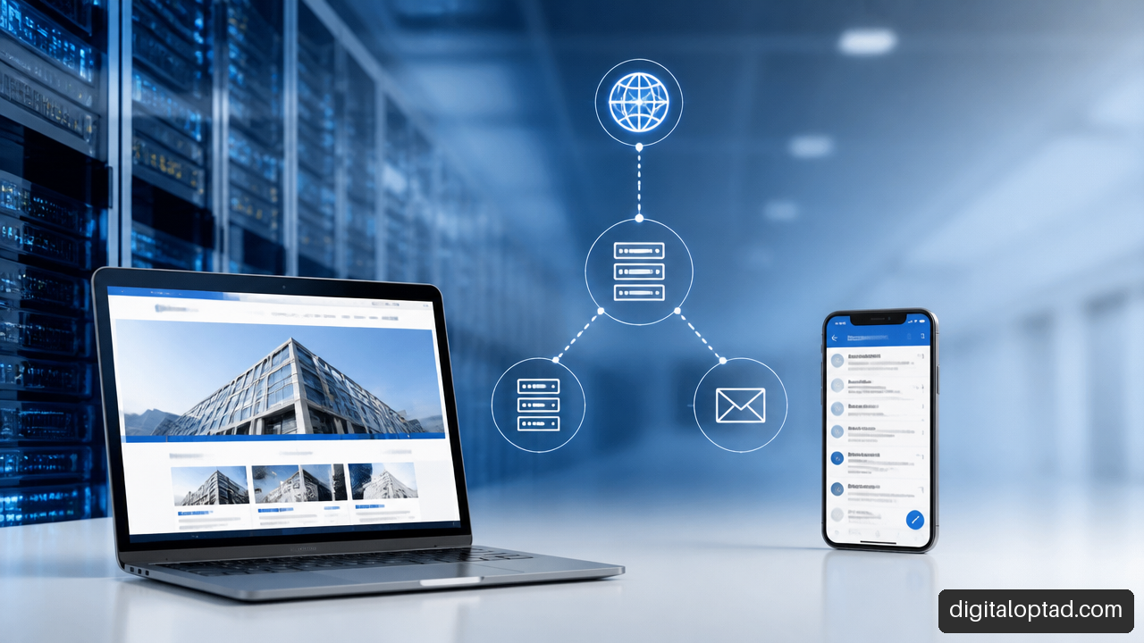 Illustration showing a business website and custom domain email connected through secure hosting infrastructure.