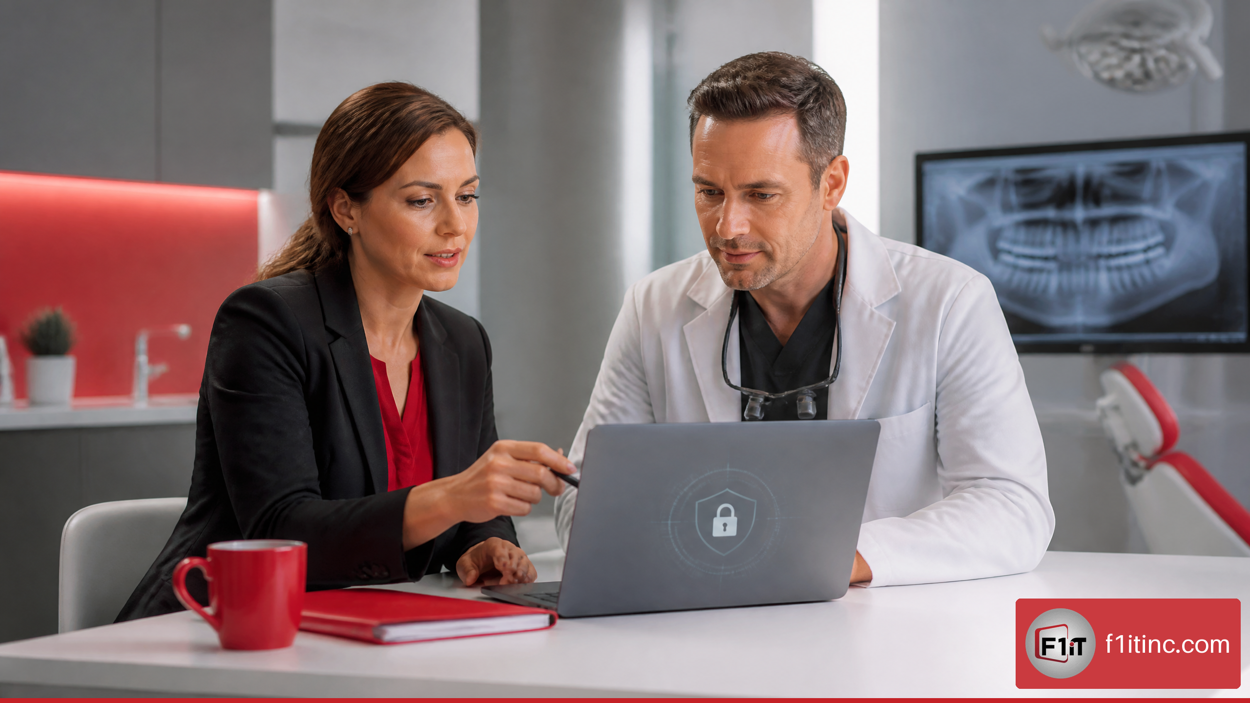 Dental practice leaders reviewing a cybersecurity assessment checklist on a laptop.