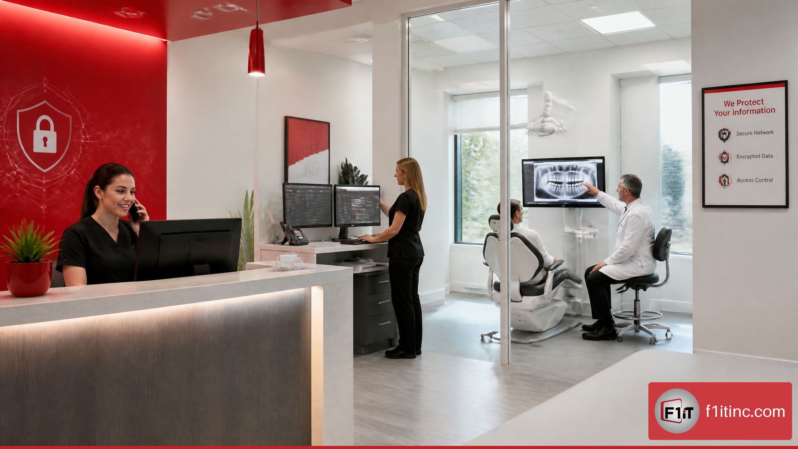 Dental office staff using reliable managed IT systems for scheduling and clinical workflows.