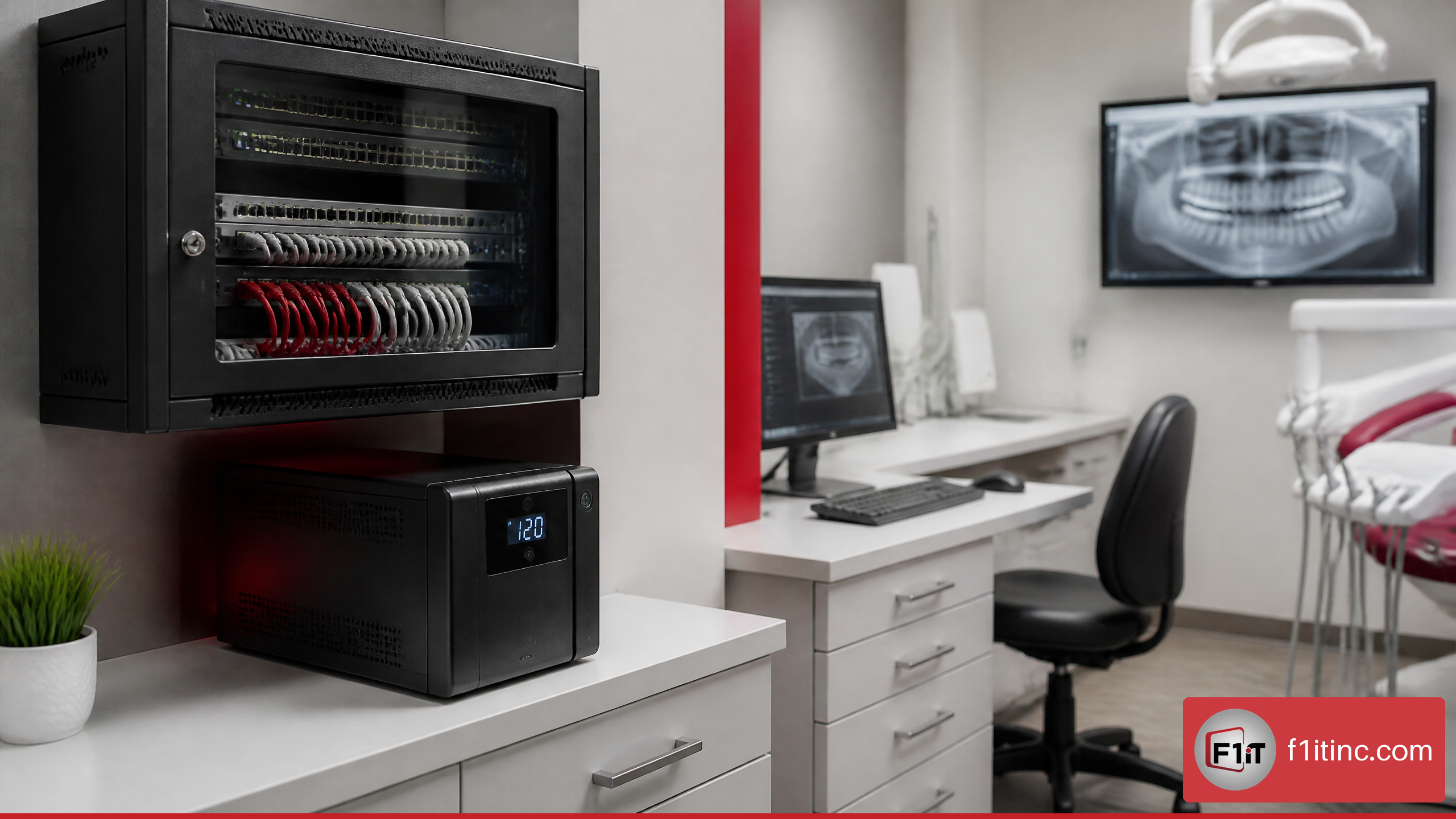 Dental office technology setup with secure network equipment and backup power support.
