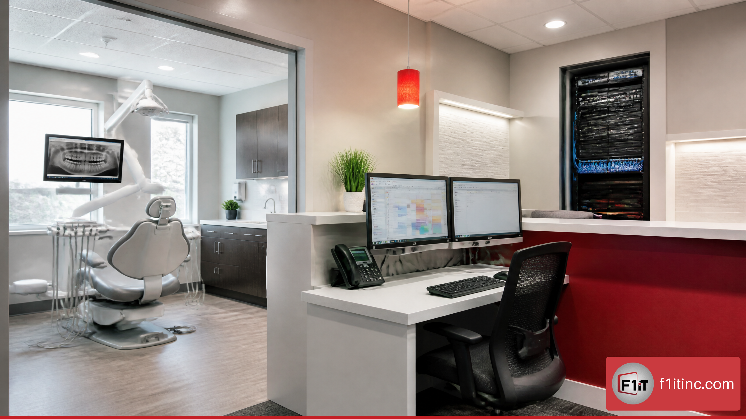 Modern dental office with planned computer workstations, structured cabling, and network equipment.