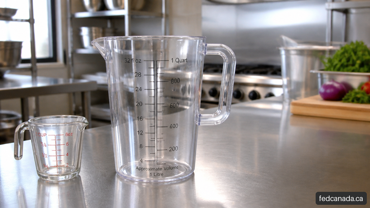 Clear graduated one quart measuring container with US fluid ounce and metric millilitre markings on a kitchen counter