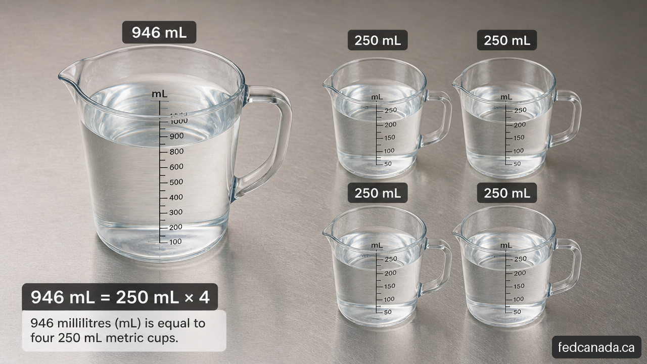 Comparison of a 946 mL US quart measurement and four 250 mL metric cups