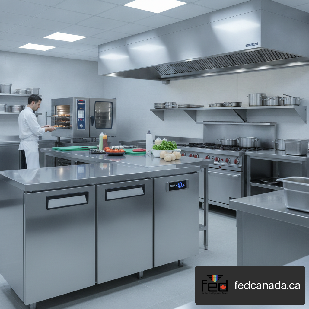 Atosa commercial stainless steel reach-in freezer in a modern kitchen showing digital controller temperature display.