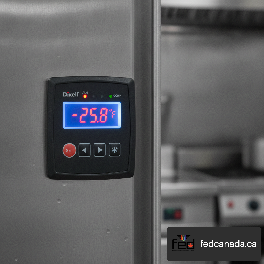 Close-up detail of a digital Dixell controller interface on an Atosa commercial freezer.