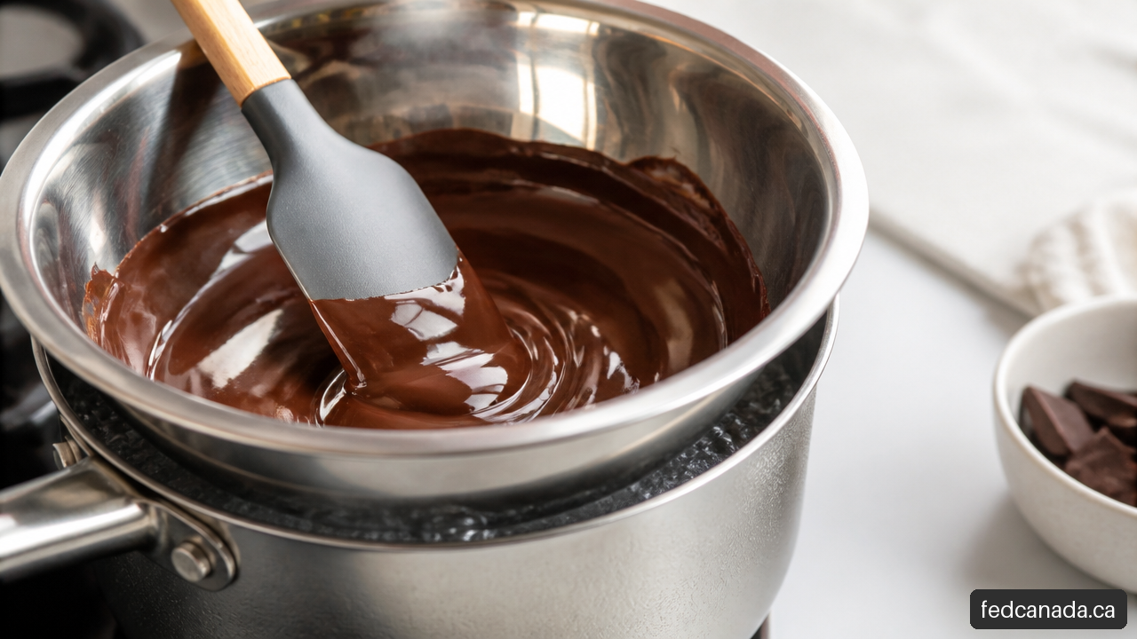 Chocolate being gently melted in a bowl over a saucepan water bath.