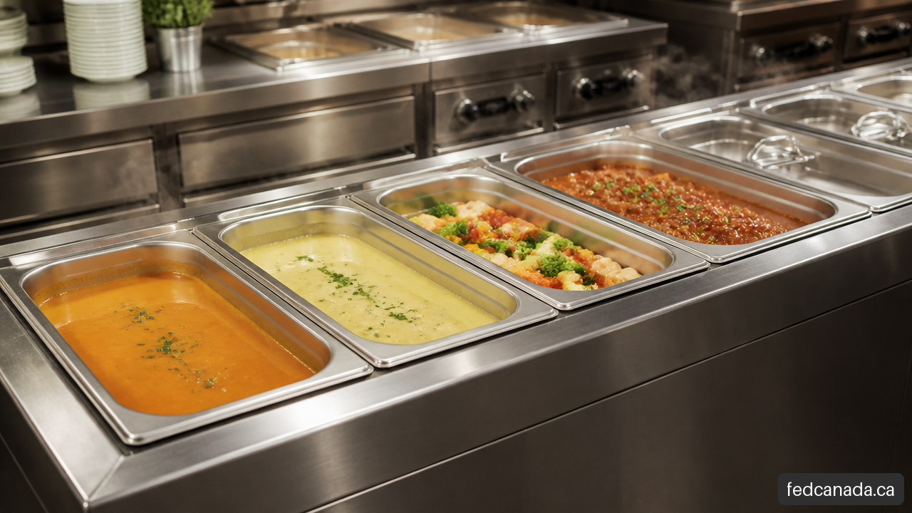 Stainless steel commercial bain marie holding hot food in gastronorm pans.