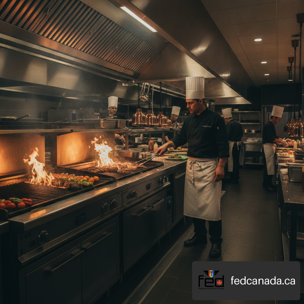 Commercial restaurant kitchen featuring heavy-duty barbecue charbroiler equipment under a stainless steel extraction hood