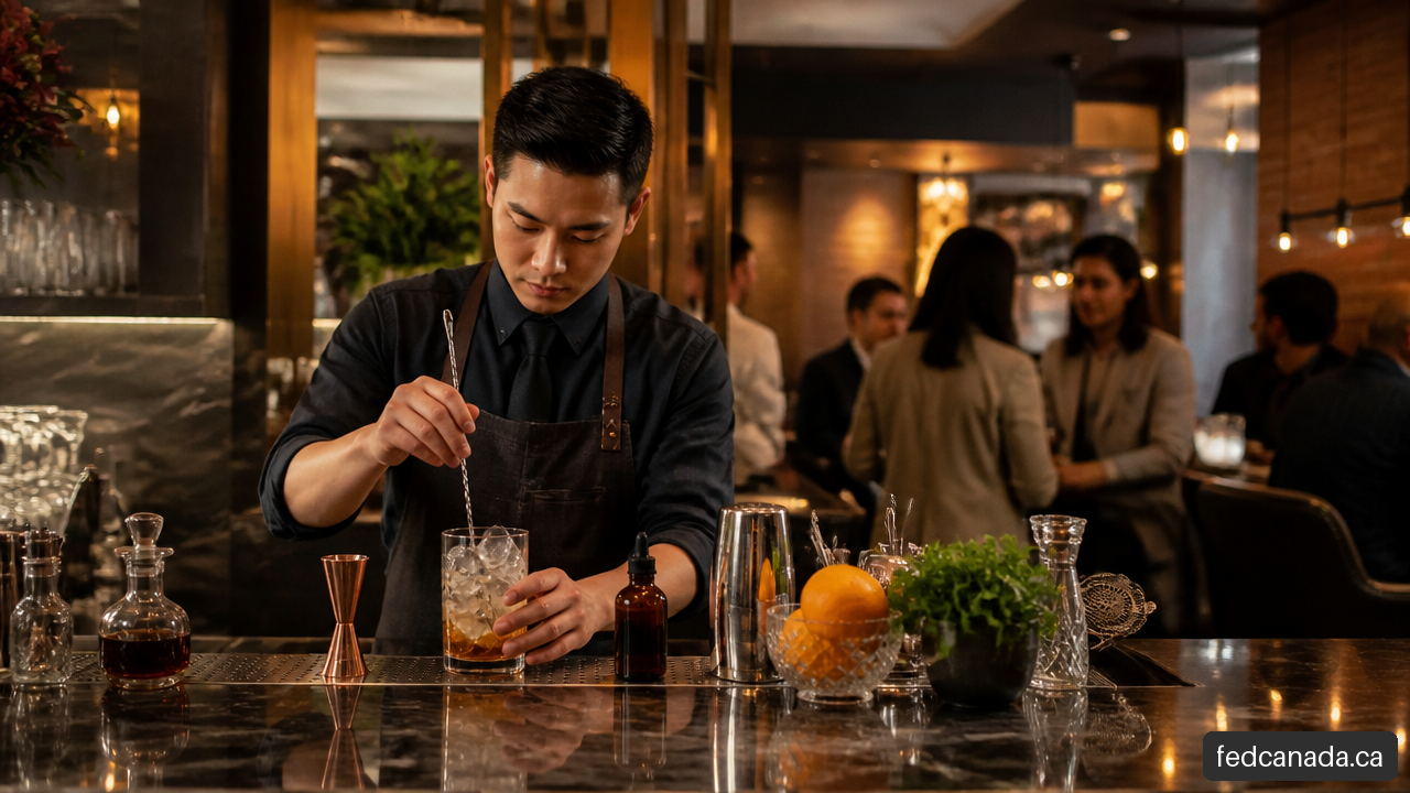 Bartender preparing a stirred cocktail at an organized restaurant bar.