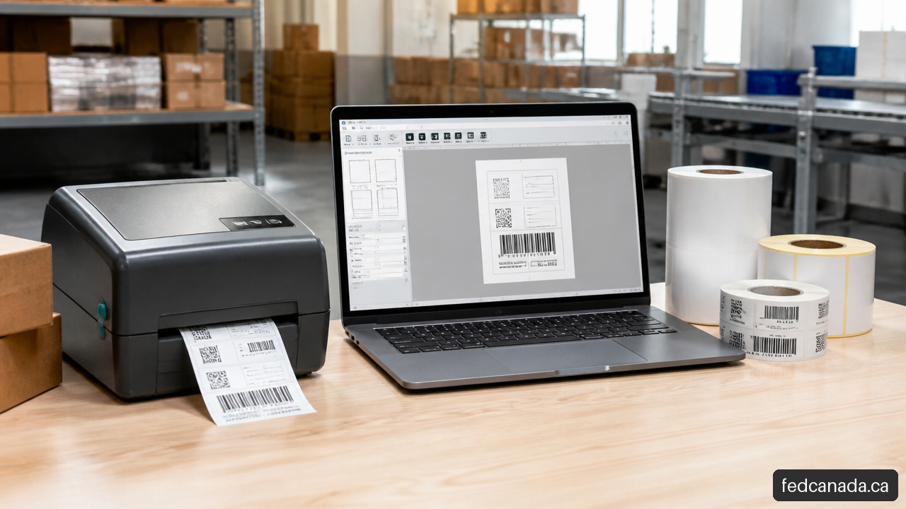 Thermal label printer producing barcode labels beside a laptop in a commercial workspace.