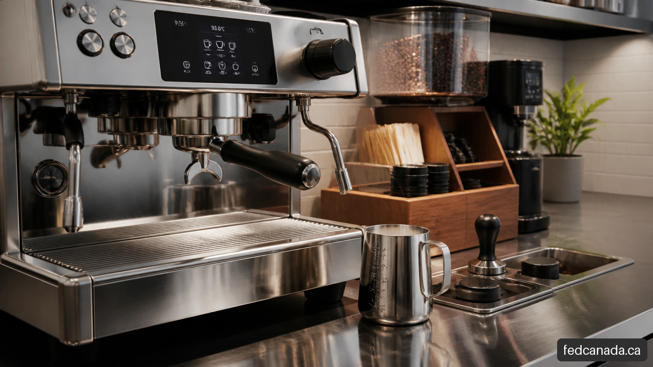 Close-up of a commercial espresso machine brew group, portafilter, and steam wand at a café station.