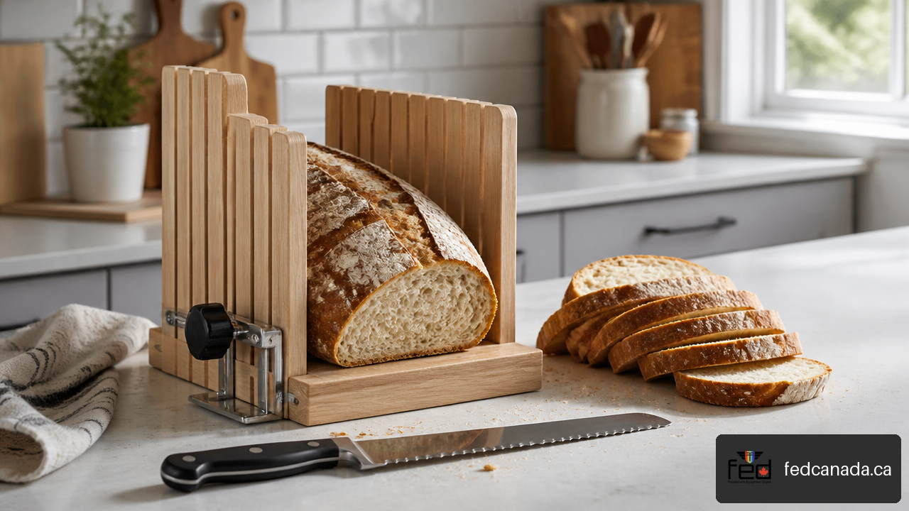 Artisan sourdough loaf in a manual bread slicing guide with evenly cut slices beside it.