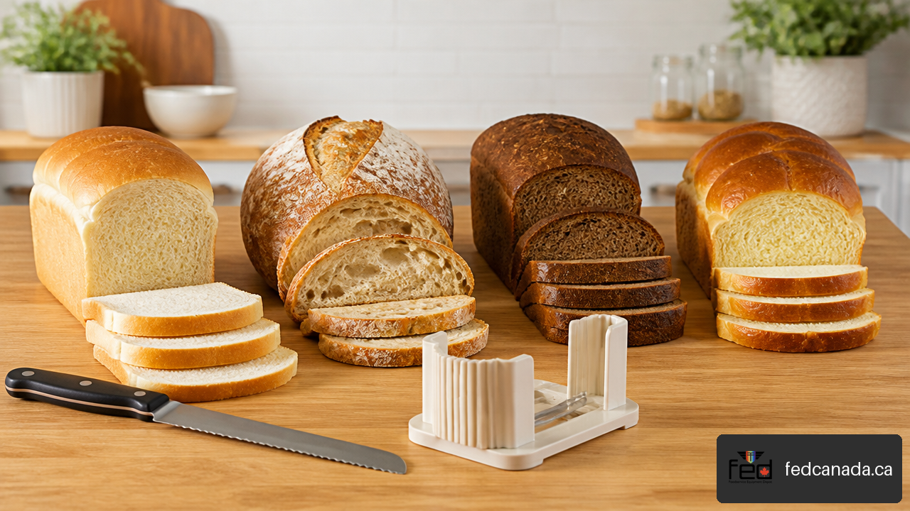 Different bread types shown with clean slices, a serrated bread knife, and a compact bread slicer guide.