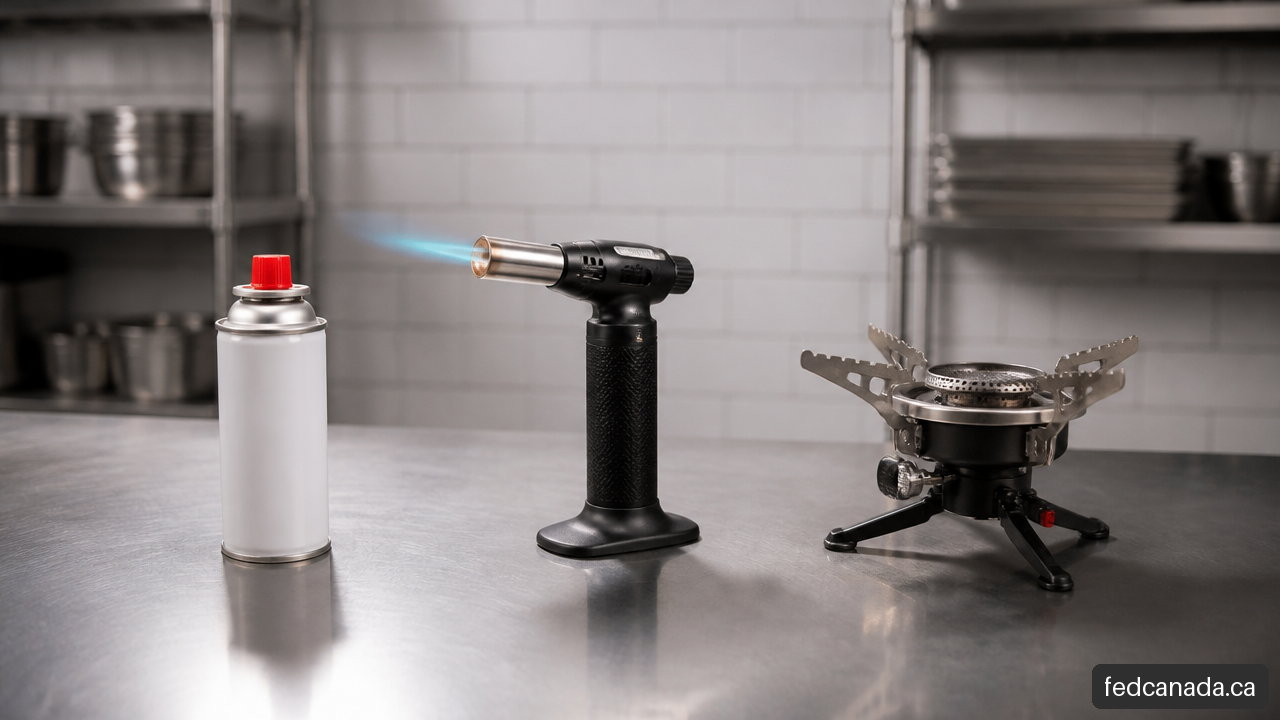 Butane canister, culinary torch, and portable stove on a stainless steel surface.