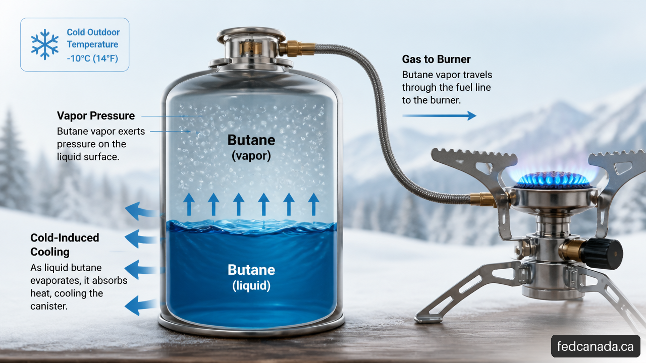 Diagram showing liquid butane, vapor pressure, and reduced fuel performance in cold conditions.