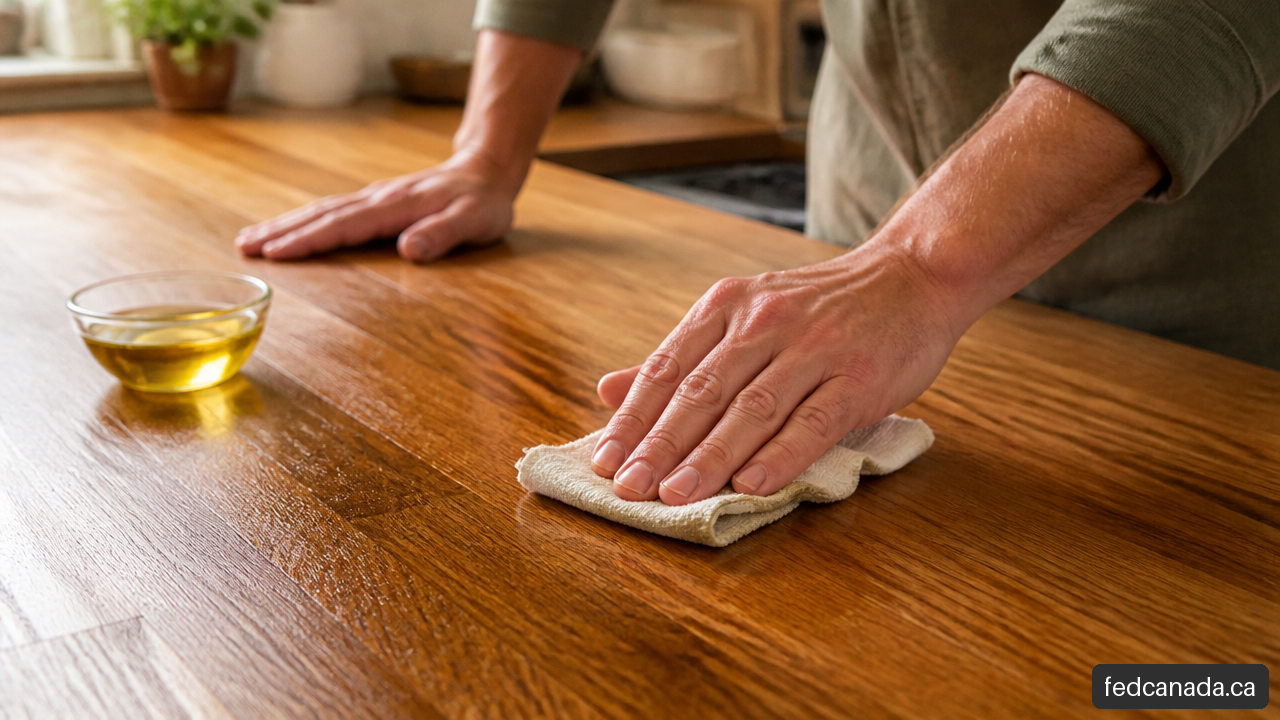 Applying conditioning oil to a hardwood butcher block countertop with a cloth