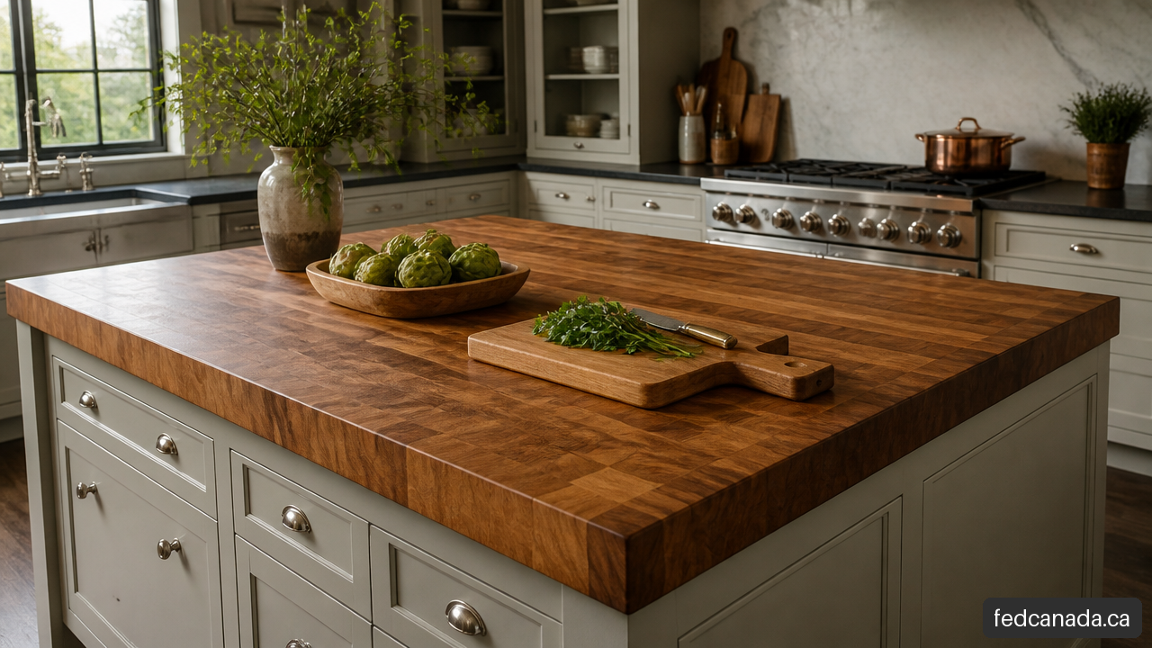 Edge-grain butcher block kitchen island with warm hardwood grain in a bright modern kitchen