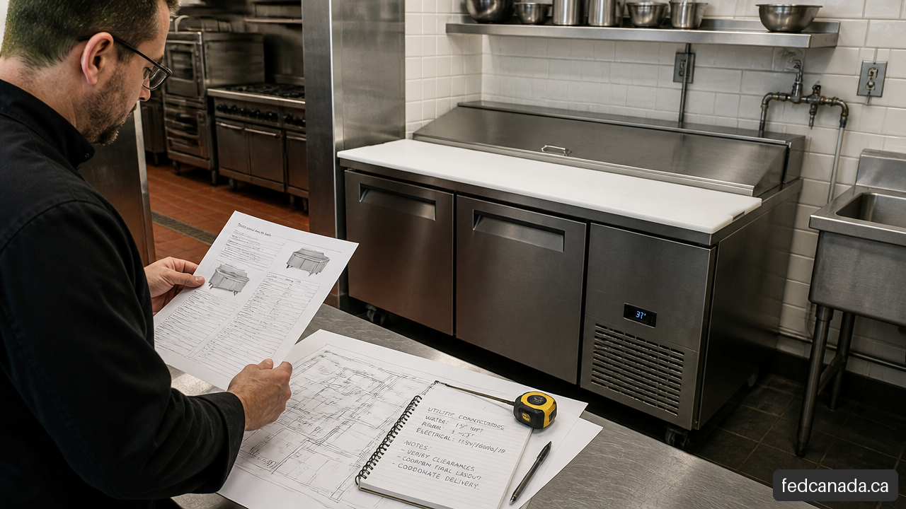 Commercial kitchen manager reviewing equipment specifications and measurements beside a refrigerated prep table.