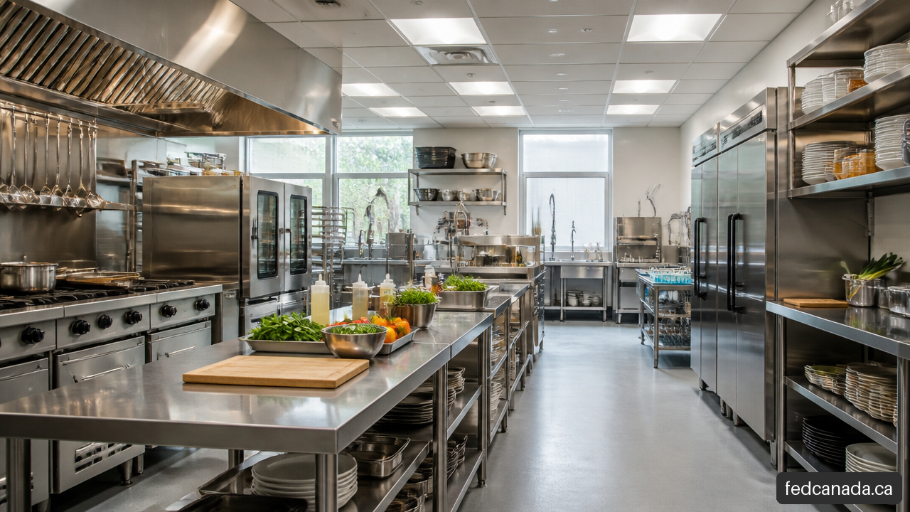 Modern commercial kitchen with refrigeration, cooking equipment, prep tables, and storage.