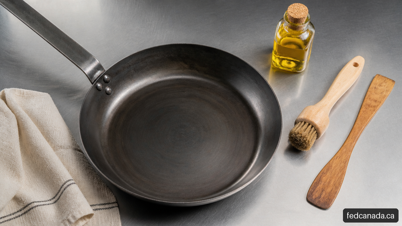 Carbon steel pan with seasoning and cleaning tools on a stainless steel work surface.