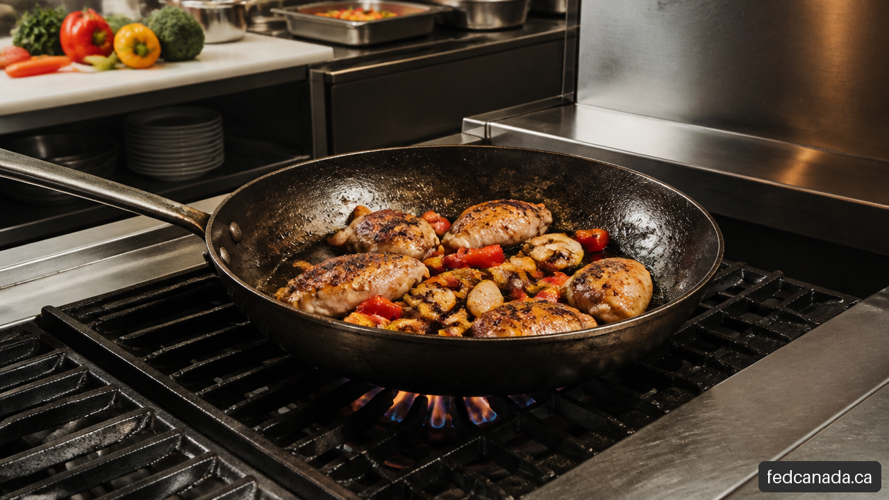Seasoned carbon steel pan searing chicken and vegetables on a commercial gas range.
