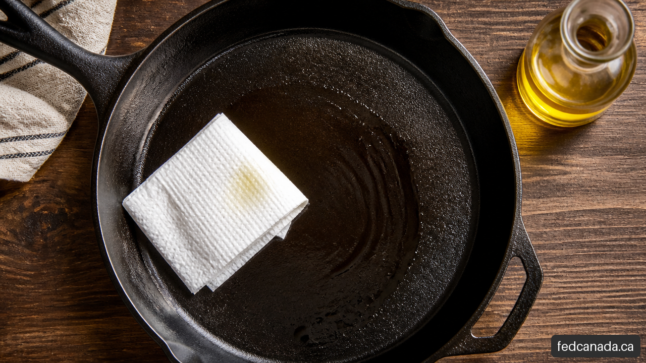 Cast iron skillet receiving a thin layer of oil for routine seasoning maintenance