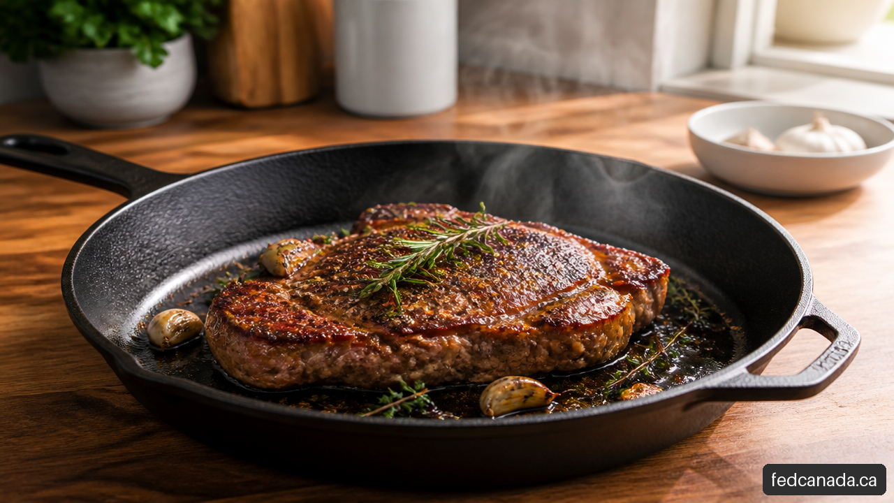 Seasoned cast iron pan holding a seared steak on a kitchen counter