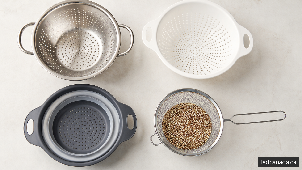 Comparison of stainless steel, plastic, silicone, and fine mesh colanders.