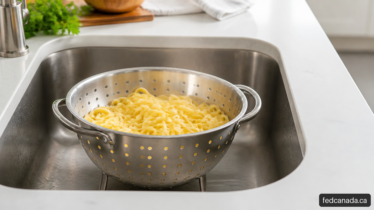 Stainless steel colander draining cooked pasta in a kitchen sink.