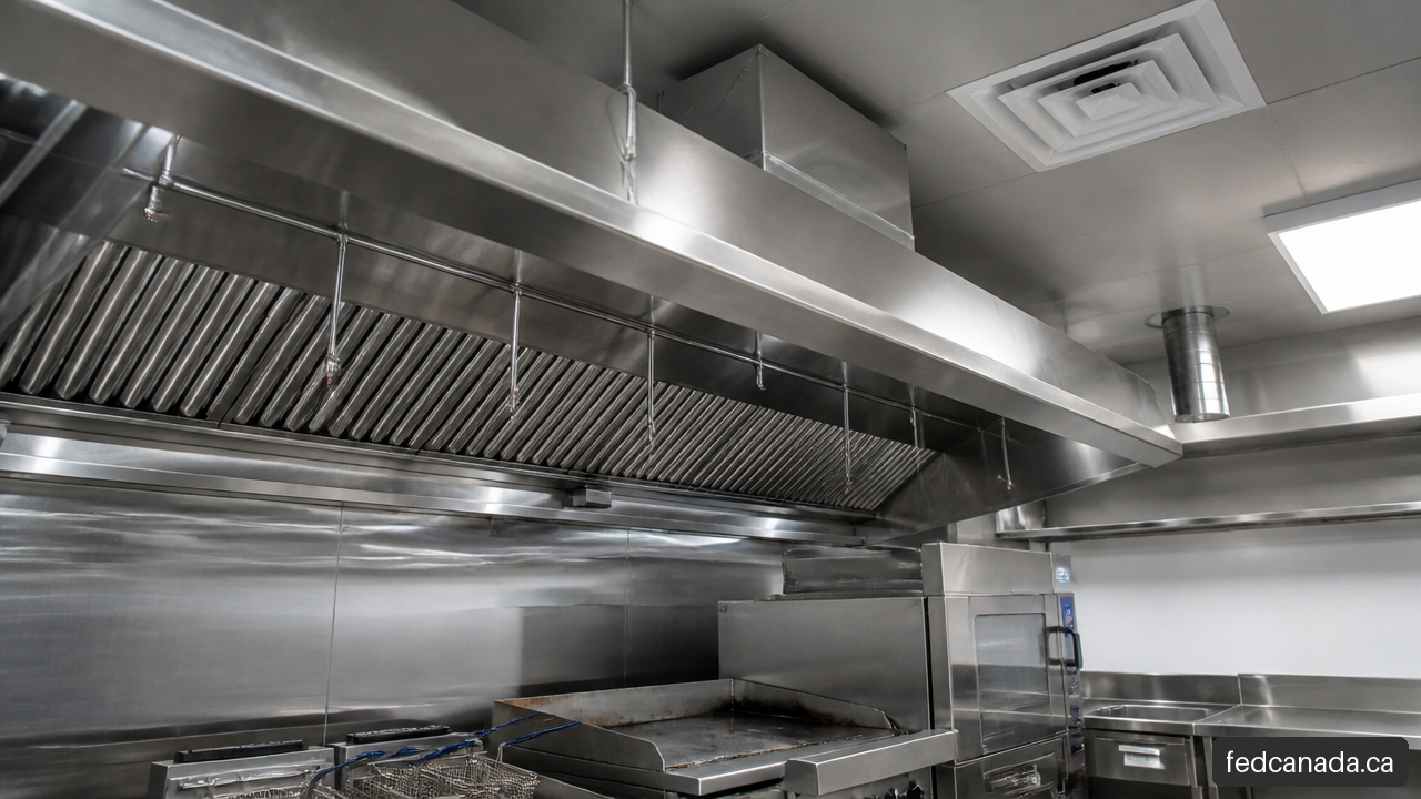 Commercial Type I hood components including grease filters, ductwork, make up air, and fire suppression nozzles.