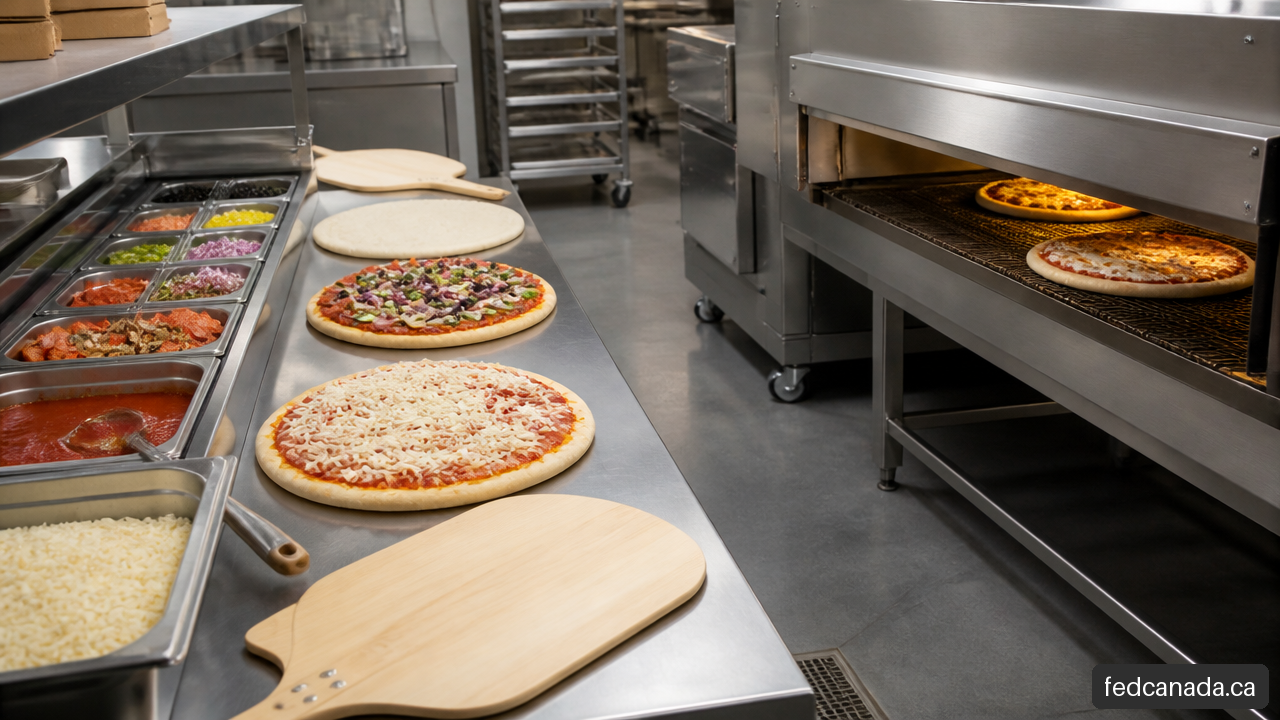 Pizza production workflow beside a commercial conveyor oven in a restaurant kitchen.