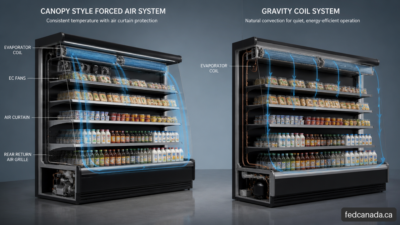 Comparison of canopy forced air refrigeration and gravity coil refrigeration airflow in display cases.