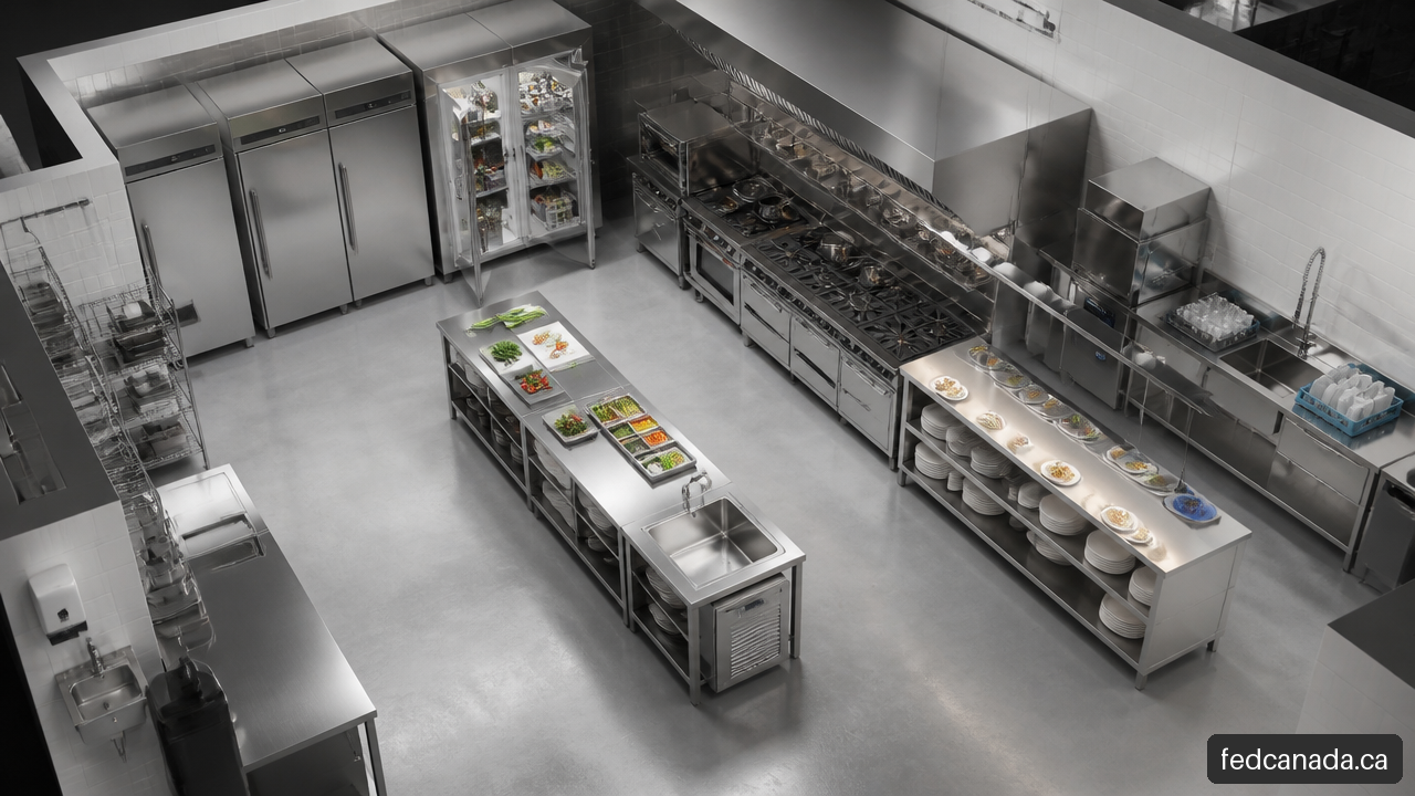 Commercial kitchen layout showing refrigeration, preparation, cooking, service, and warewashing workflow