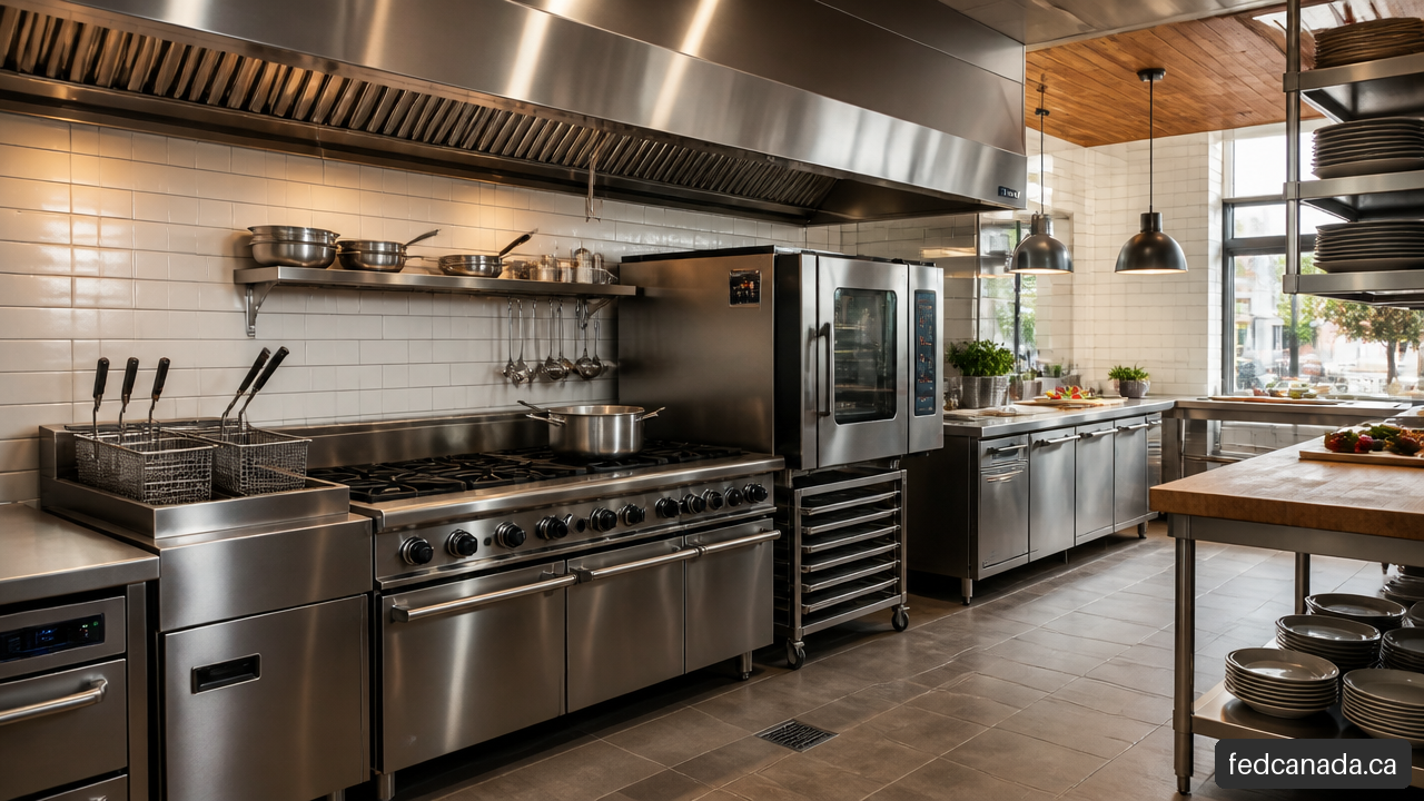 Modern commercial restaurant kitchen with cooking equipment, refrigeration, and stainless steel prep stations