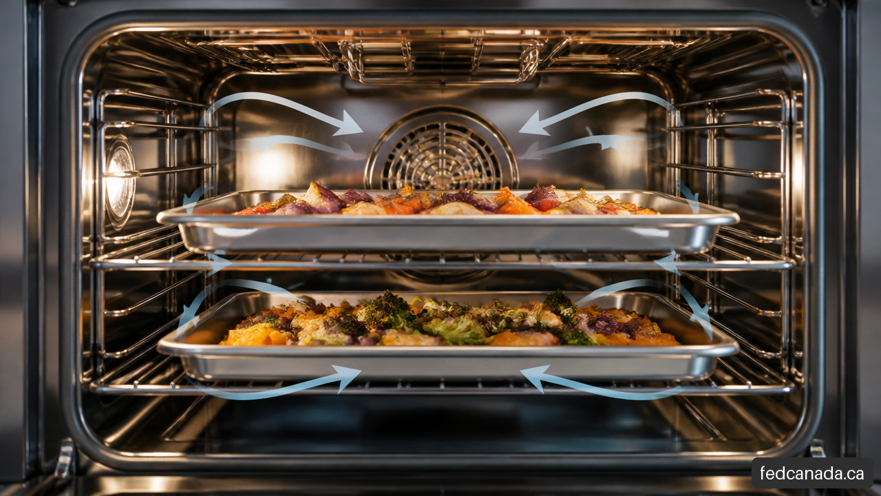 Convection oven showing staggered baking sheets with clear space for airflow.