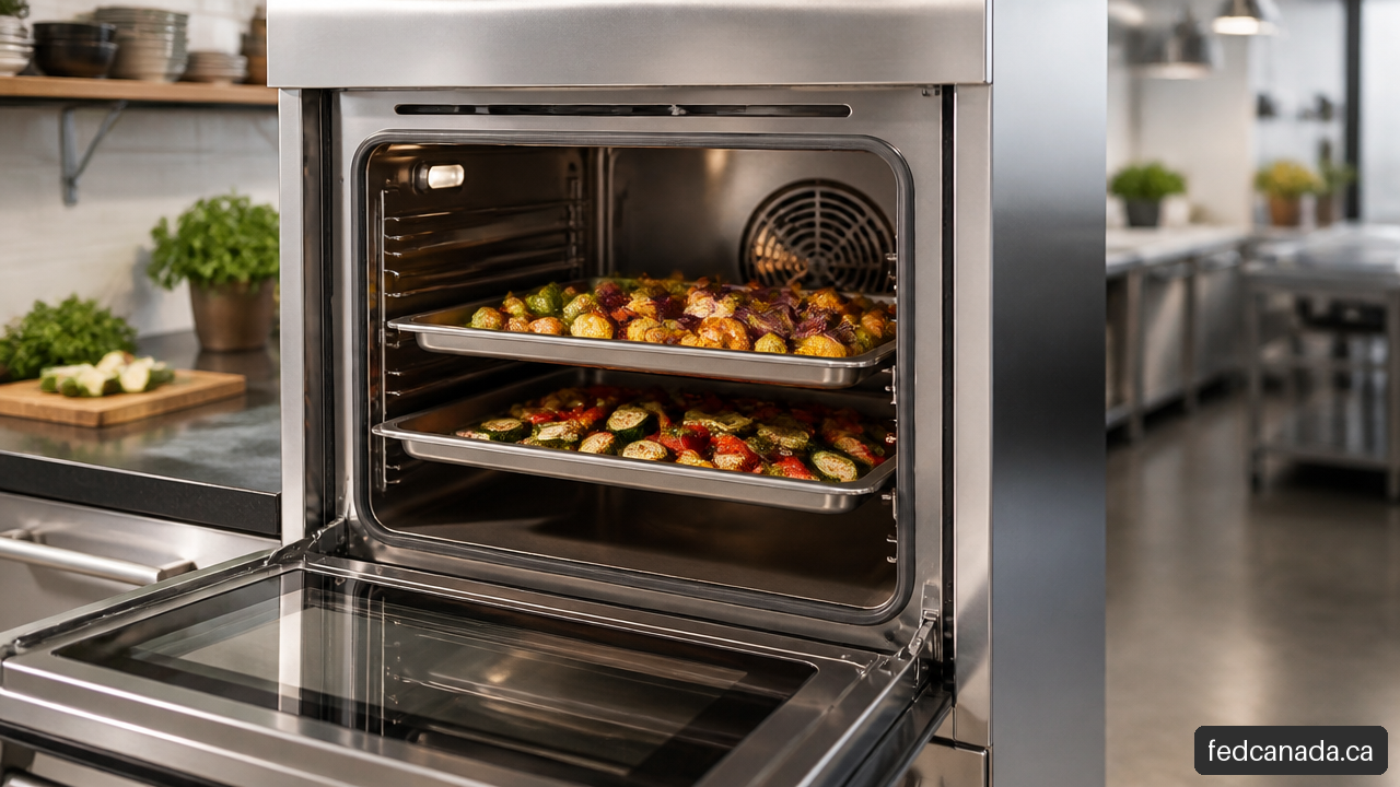 Open convection oven with staggered sheet pans of roasted vegetables inside.