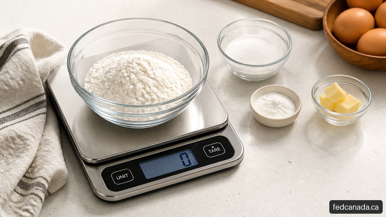 Digital food scale weighing flour in a clear bowl on a kitchen counter