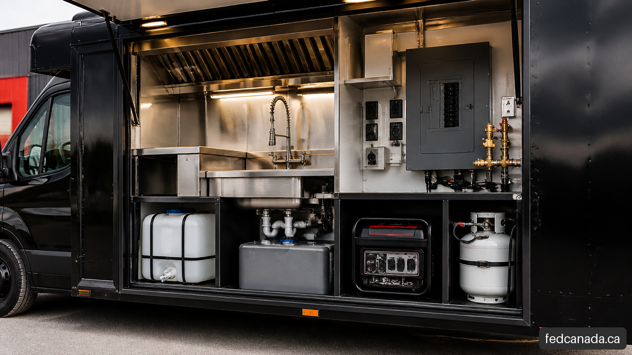 Food truck utility setup with water tanks, electrical equipment, propane system, and ventilation.